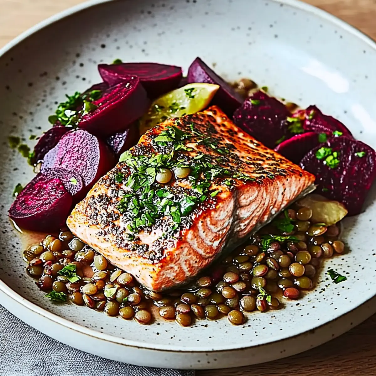 Mustardy Salmon with Beetroot and Lentils