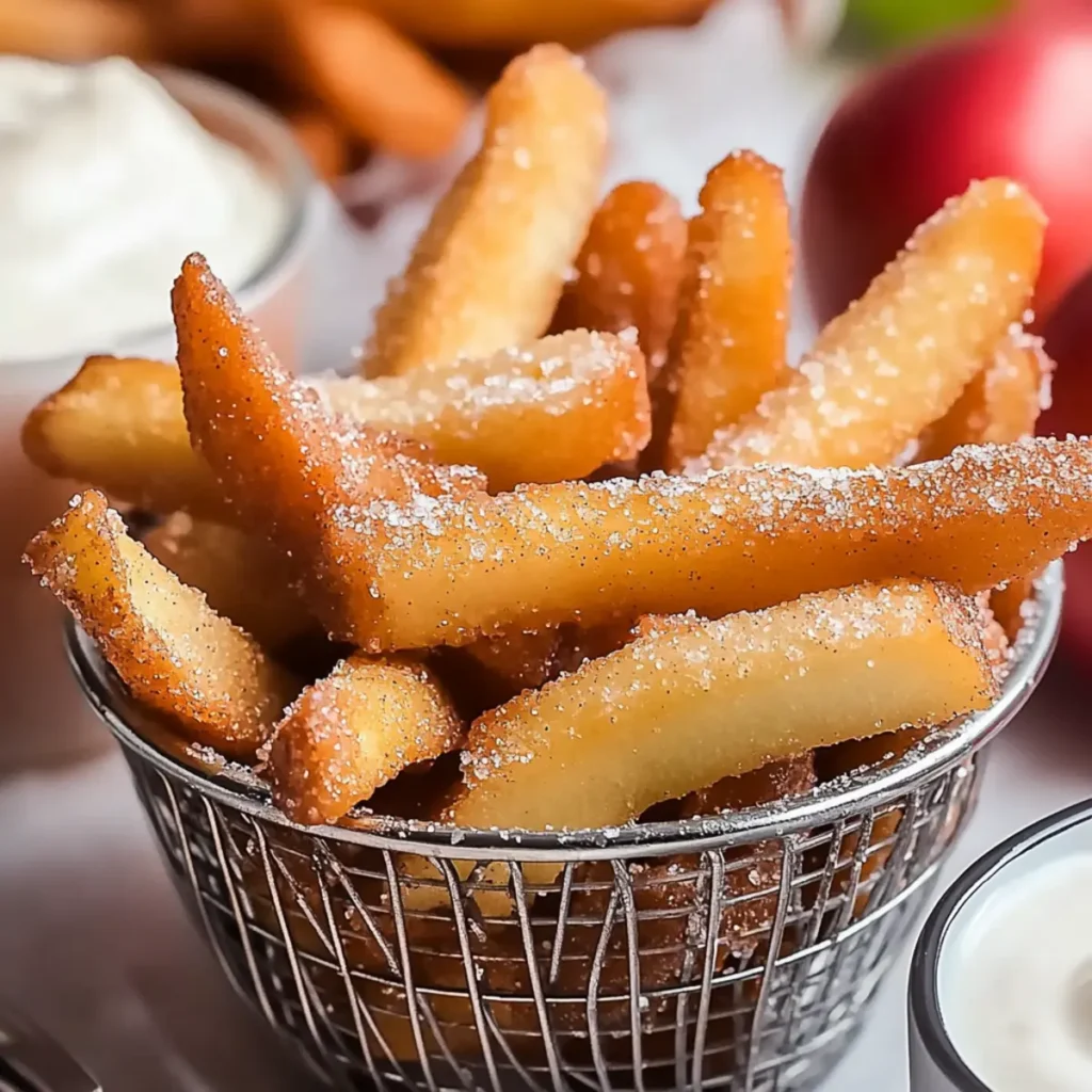 Easy Air Fryer Apple Fries Recipe with Cinnamon Sugar Drizzle