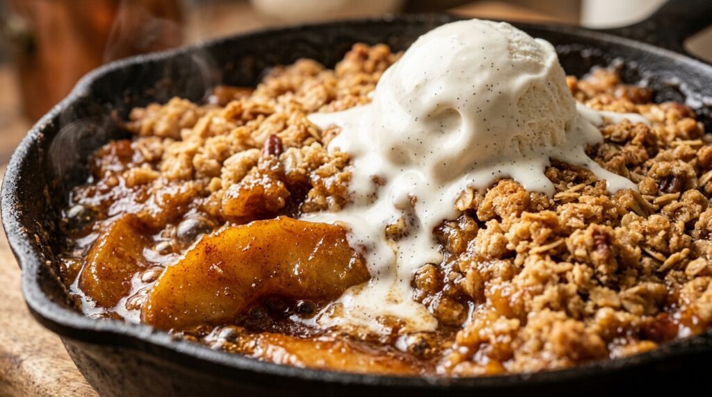Warm bubbling brown butter cinnamon apple crisp topped with vanilla bean ice cream
