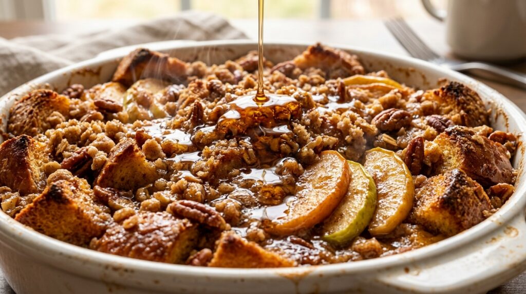 Baked apple cinnamon french toast casserole with warm maple syrup and pecan streusel