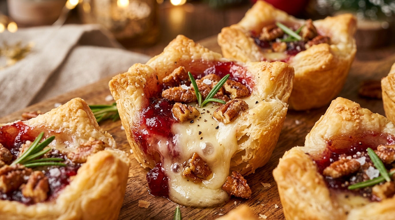 Molten bubbling cranberry pecan brie bites in flaky puff pastry cups