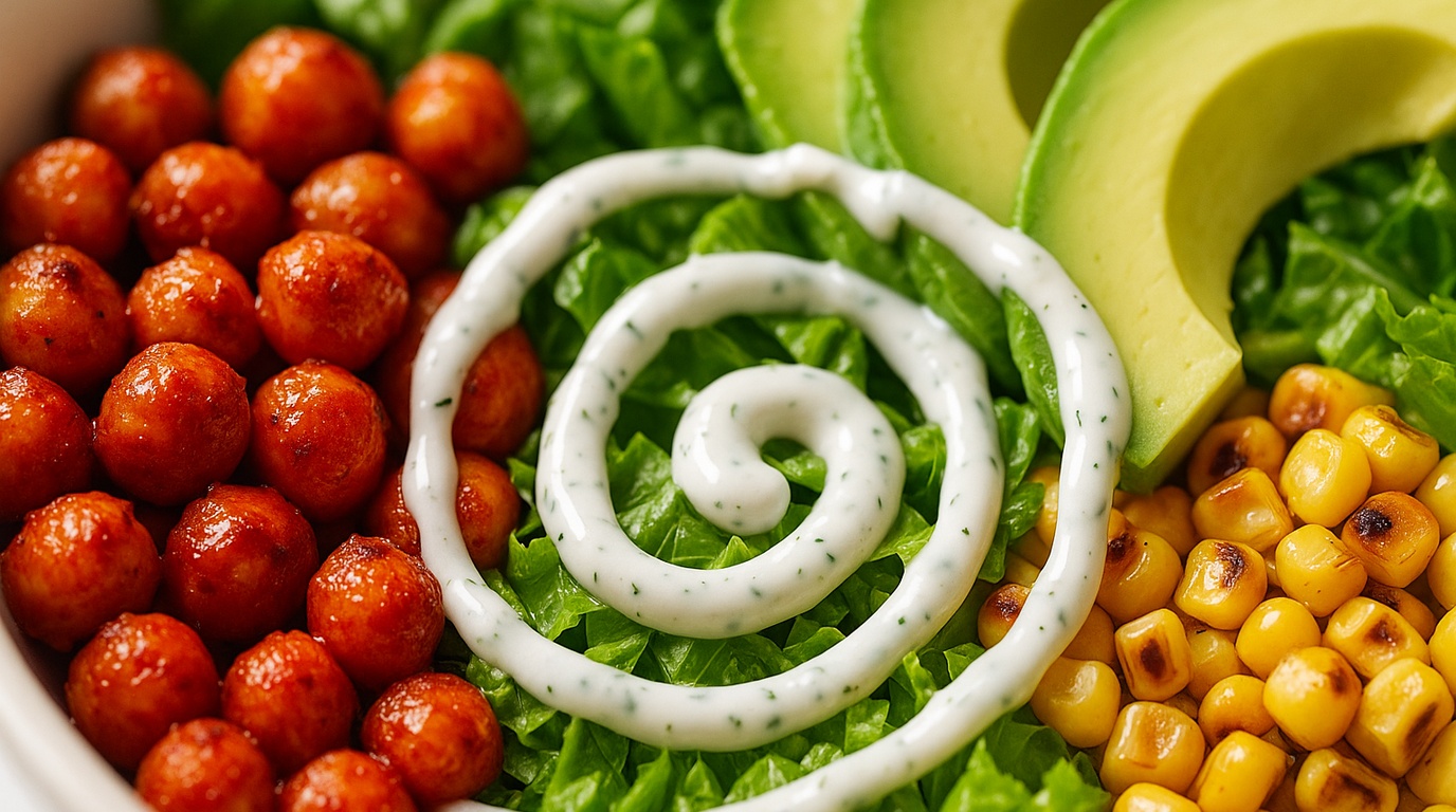 Ultra close-up macro of vibrant buffalo chickpea salad bowl with crispy fiery glazed chickpeas, sliced avocado, sweet corn, and creamy dill ranch