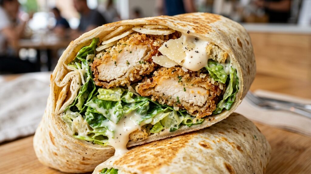 Crispy garlic parmesan chicken caesar wrap sliced in half with panko chicken and romaine lettuce