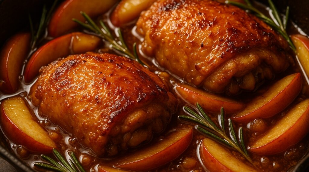 Ultra close-up macro of crispy skin chicken thighs braised in bubbling spiced apple cider glaze with caramelized Honeycrisp apples