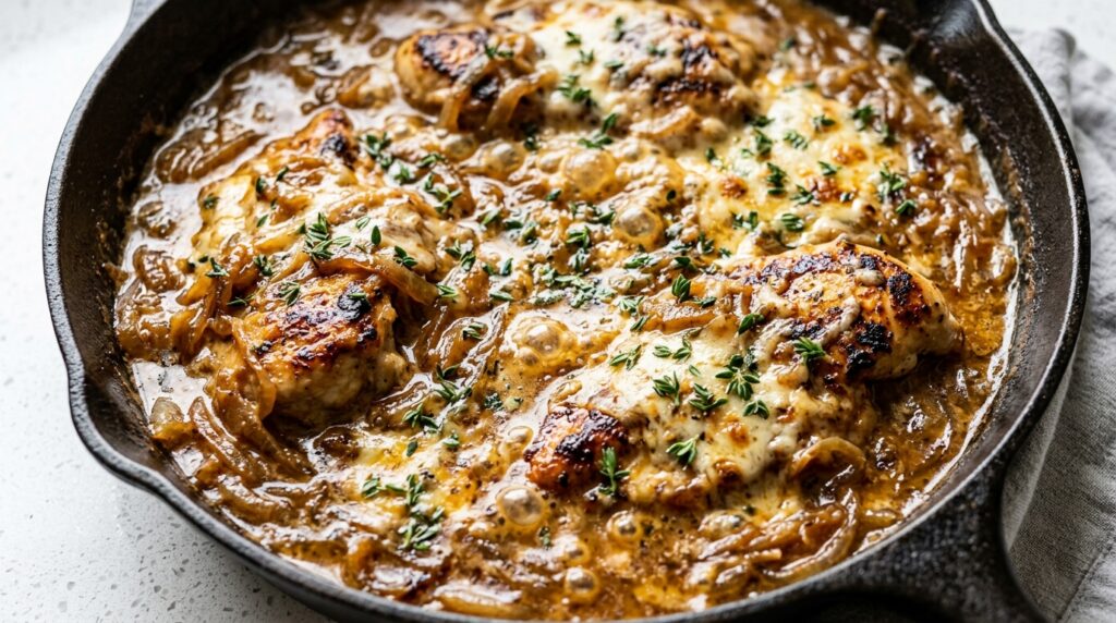 Creamy French Onion Chicken simmering in a cast iron skillet