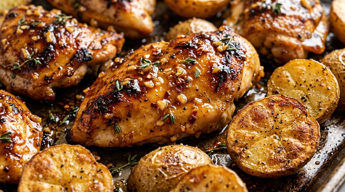 Sheet Pan Honey Garlic Chicken and Potatoes with caramelized crispy edges fresh from the oven