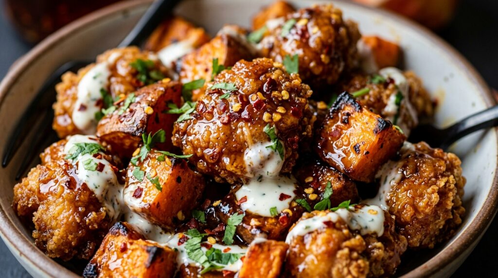 Crispy hot honey chicken bites with roasted sweet potatoes and garlic drizzle