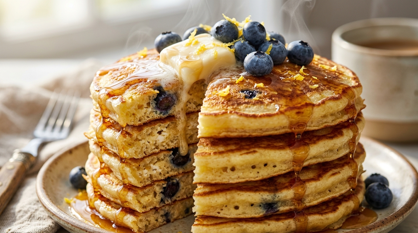 Stack of ultra fluffy golden lemon ricotta pancakes with butter, maple syrup and wild blueberries