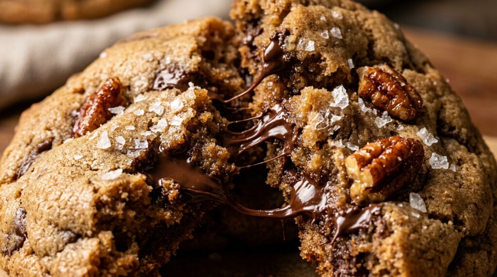 Ultra close-up macro of warm chewy brown butter pecan chocolate chip cookie pulled apart with melted chocolate pools and flaky sea salt