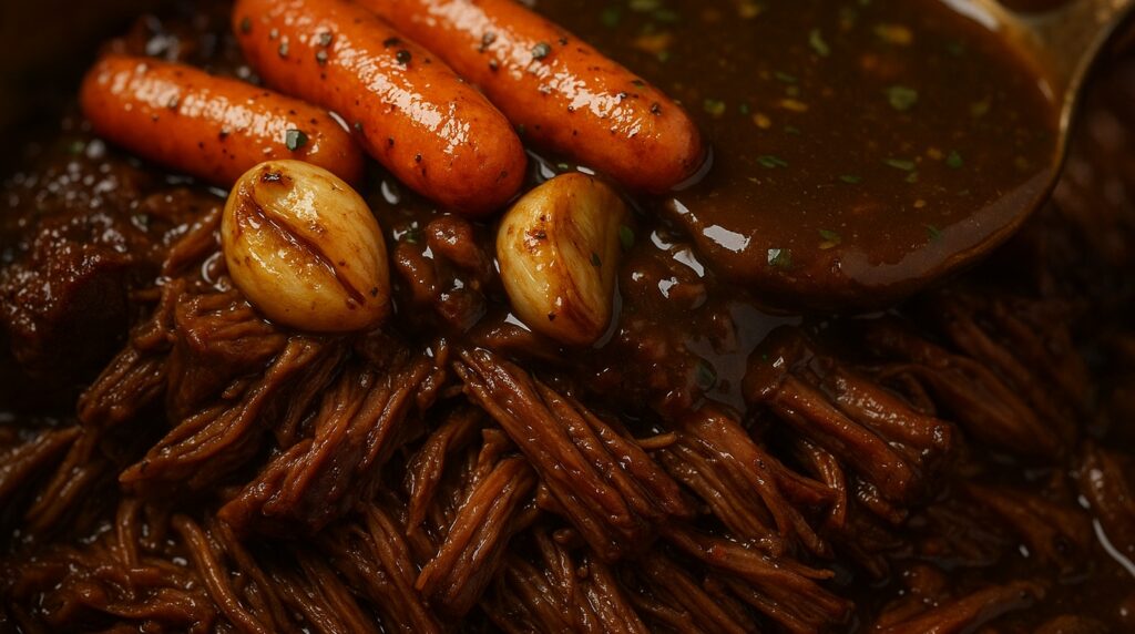 Ultra close-up macro of succulent slow-braised beef pot roast falling apart into tender juicy strands with caramelized carrots, roasted garlic, and rosemary gravy