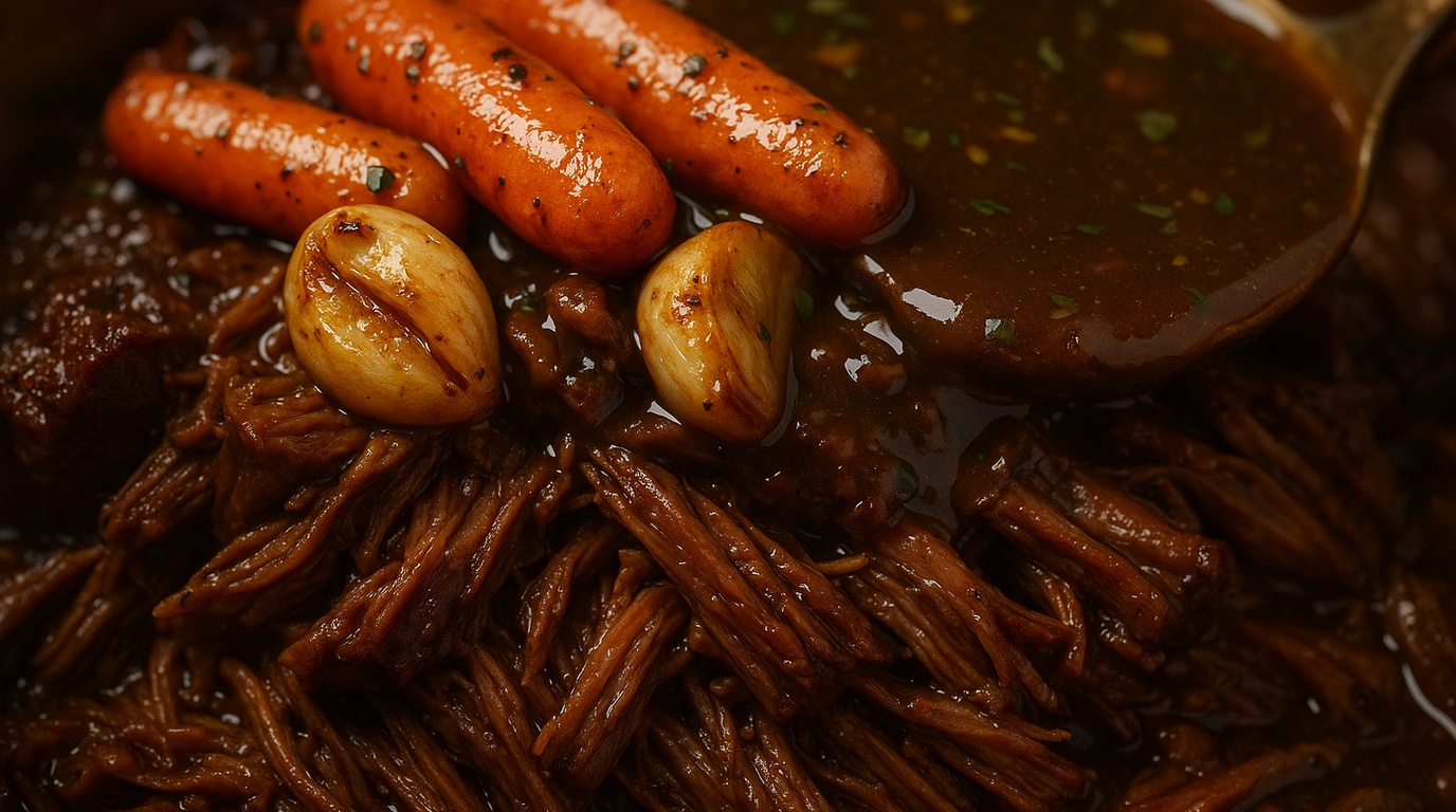 Ultra close-up macro of succulent slow-braised beef pot roast falling apart into tender juicy strands with caramelized carrots, roasted garlic, and rosemary gravy