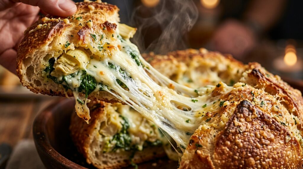 Warm cheesy spinach artichoke pull-apart bread with epic melted mozzarella cheese pull