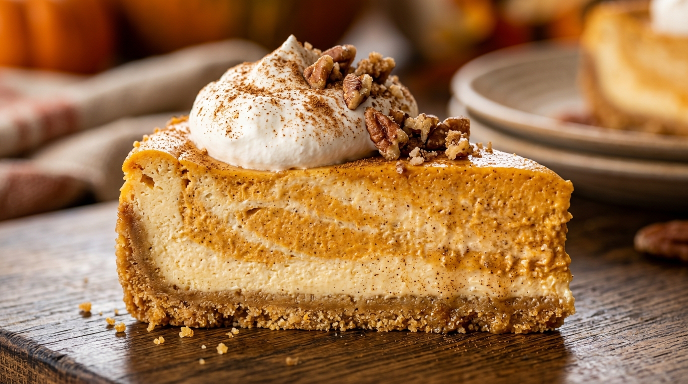 Sliced creamy spiced pumpkin cheesecake bar with graham cracker crust and whipped cream
