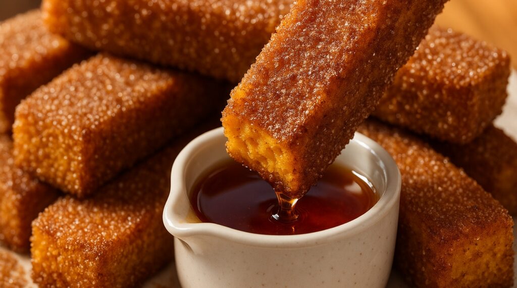 Ultra close-up macro of golden crispy cinnamon sugar pumpkin french toast sticks dipped in pure maple syrup