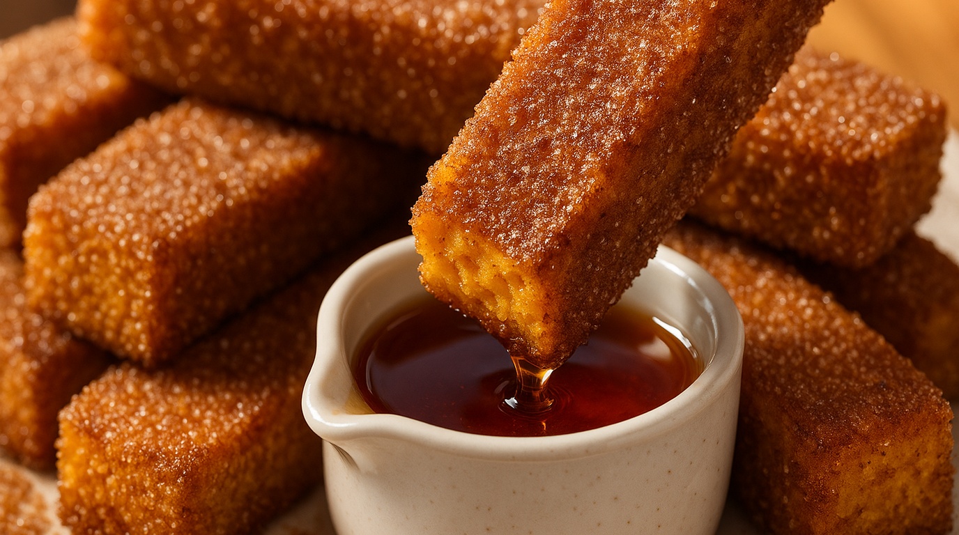 Ultra close-up macro of golden crispy cinnamon sugar pumpkin french toast sticks dipped in pure maple syrup