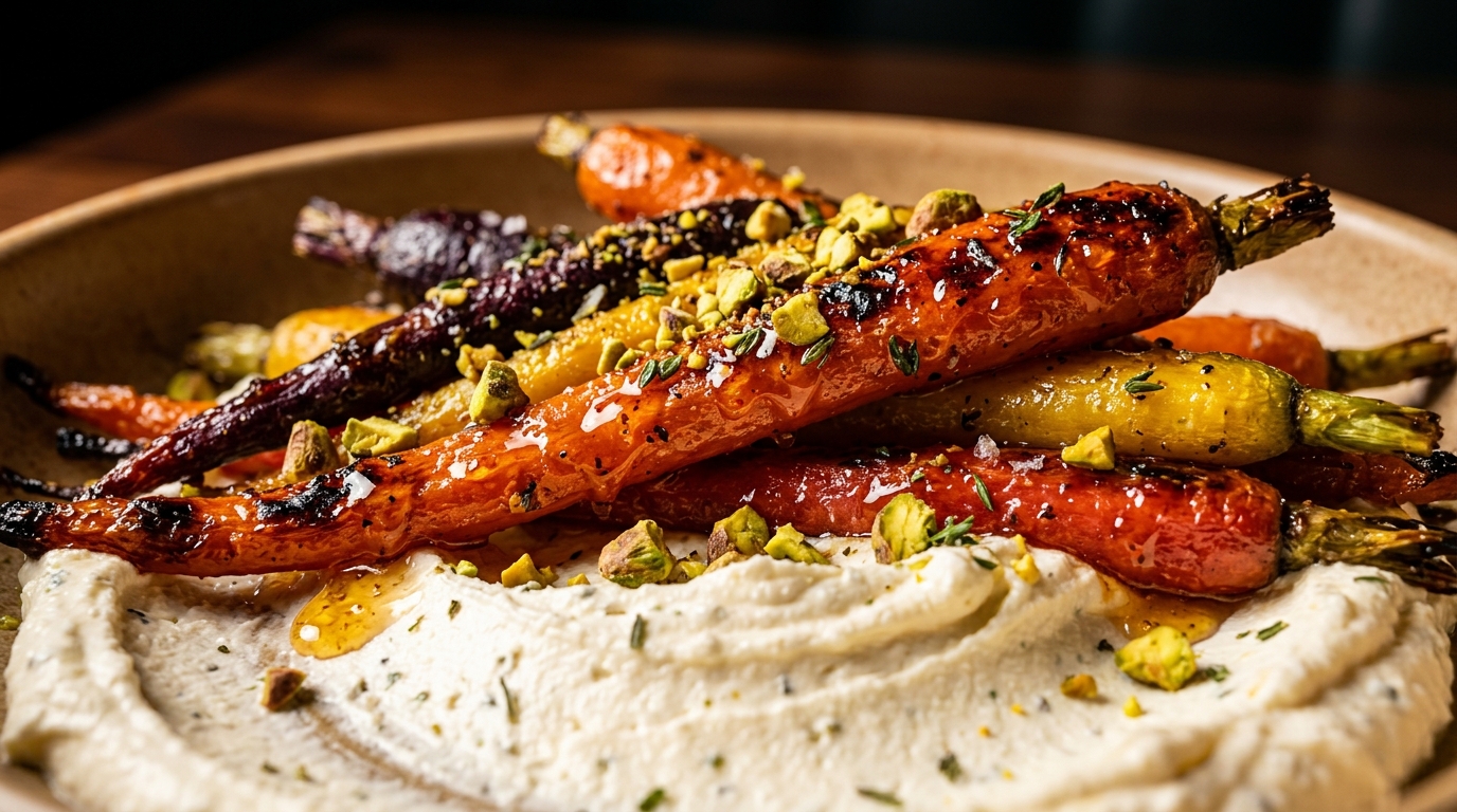 Ultra close-up macro of honey butter roasted rainbow heirloom carrots with whipped feta and pistachios