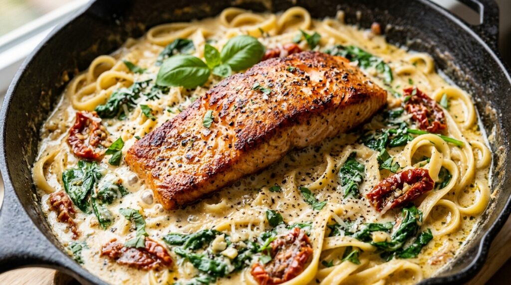 Pan-seared golden salmon fillet in creamy tuscan garlic parmesan sauce with fettuccine pasta