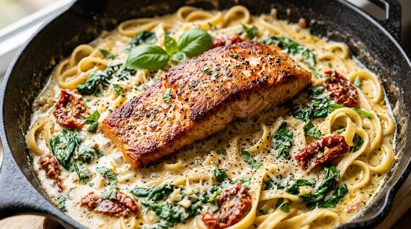Creamy Tuscan Garlic Butter Salmon Pasta with crispy pan-seared salmon fillet in cast iron skillet