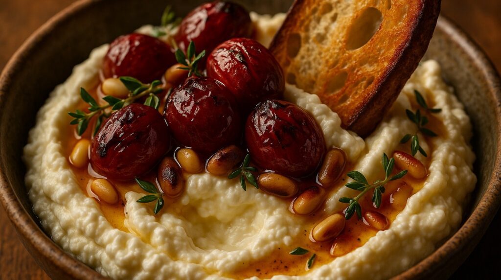 Ultra close-up macro of fluffy cloud-like whipped ricotta cheese topped with blistered hot honey roasted grapes and thyme