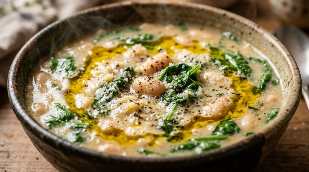 Velvety creamy white bean and spinach soup with olive oil drizzle and parmesan in ceramic bowl