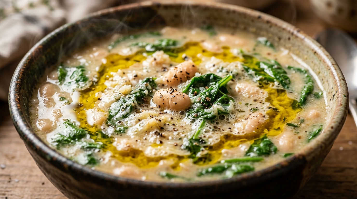 Velvety creamy white bean and spinach soup with olive oil drizzle and parmesan in ceramic bowl