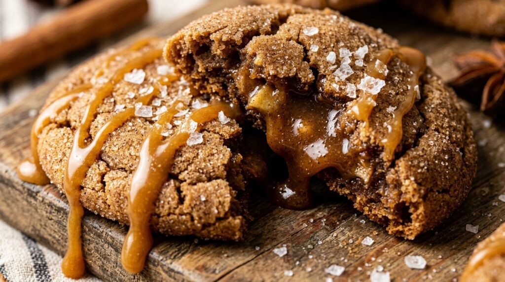 Ultra close-up macro of thick chewy spiced apple cider cookies drizzled with golden salted caramel and flaky sea salt