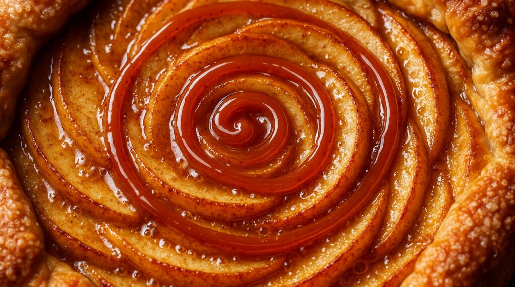 Ultra close-up macro of rustic golden baked apple galette with layered spiced cinnamon apples, flaky folded crust, and glossy amber salted caramel drizzle