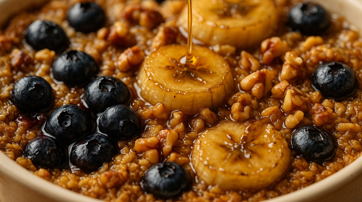 Ultra close-up macro of golden baked blueberry banana oatmeal with bursting blueberries, sliced caramelized bananas, toasted walnuts, and maple syrup