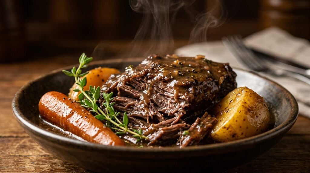 Ultra close-up macro of tender slow cooker beef pot roast with glistening rich garlic herb beef gravy, tender baby carrots and potatoes, fresh thyme sprigs
