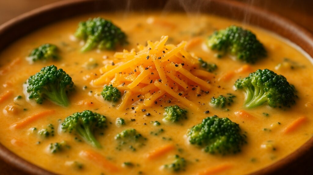 Ultra close-up macro of velvety creamy broccoli cheddar soup loaded with tender broccoli florets, carrots, and molten melted cheddar