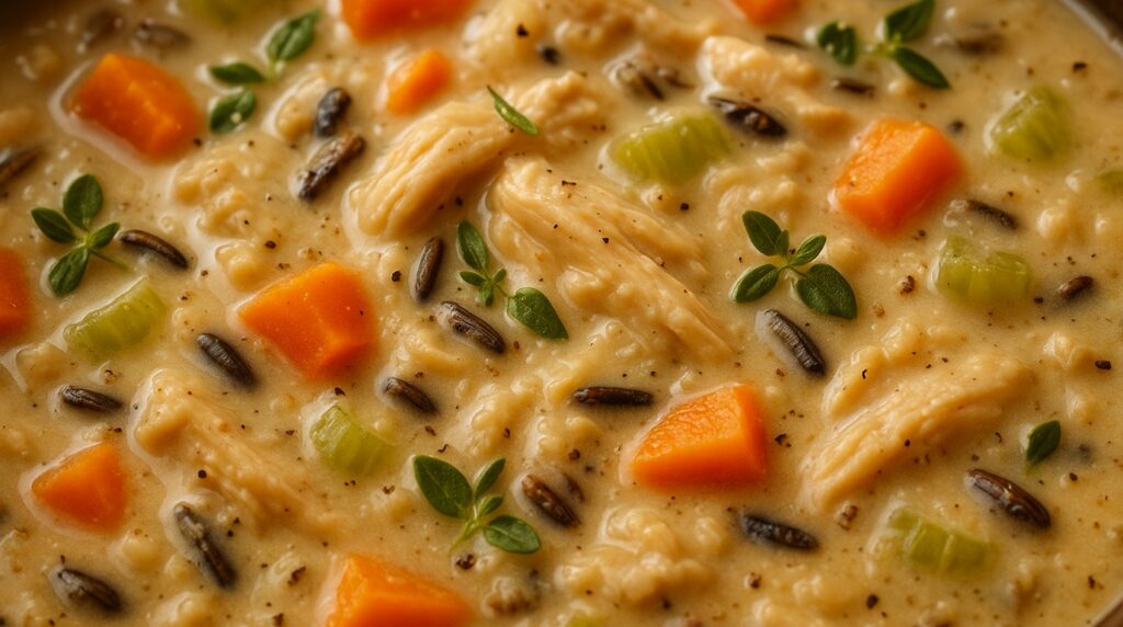 Ultra close-up macro of creamy chicken and wild rice soup with shredded chicken, carrots, celery, fresh thyme, and melted parmesan