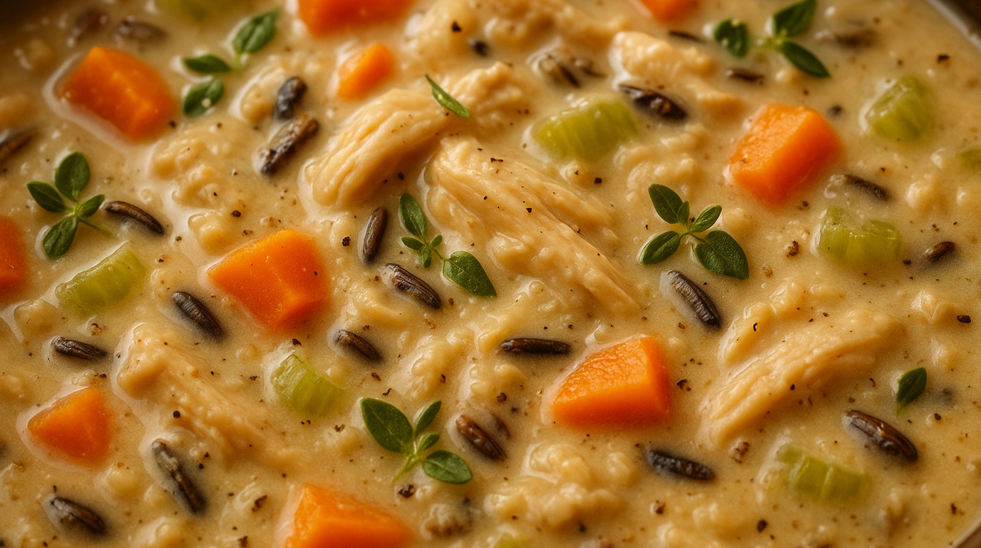 Ultra close-up macro of creamy chicken and wild rice soup with shredded chicken, carrots, celery, fresh thyme, and melted parmesan