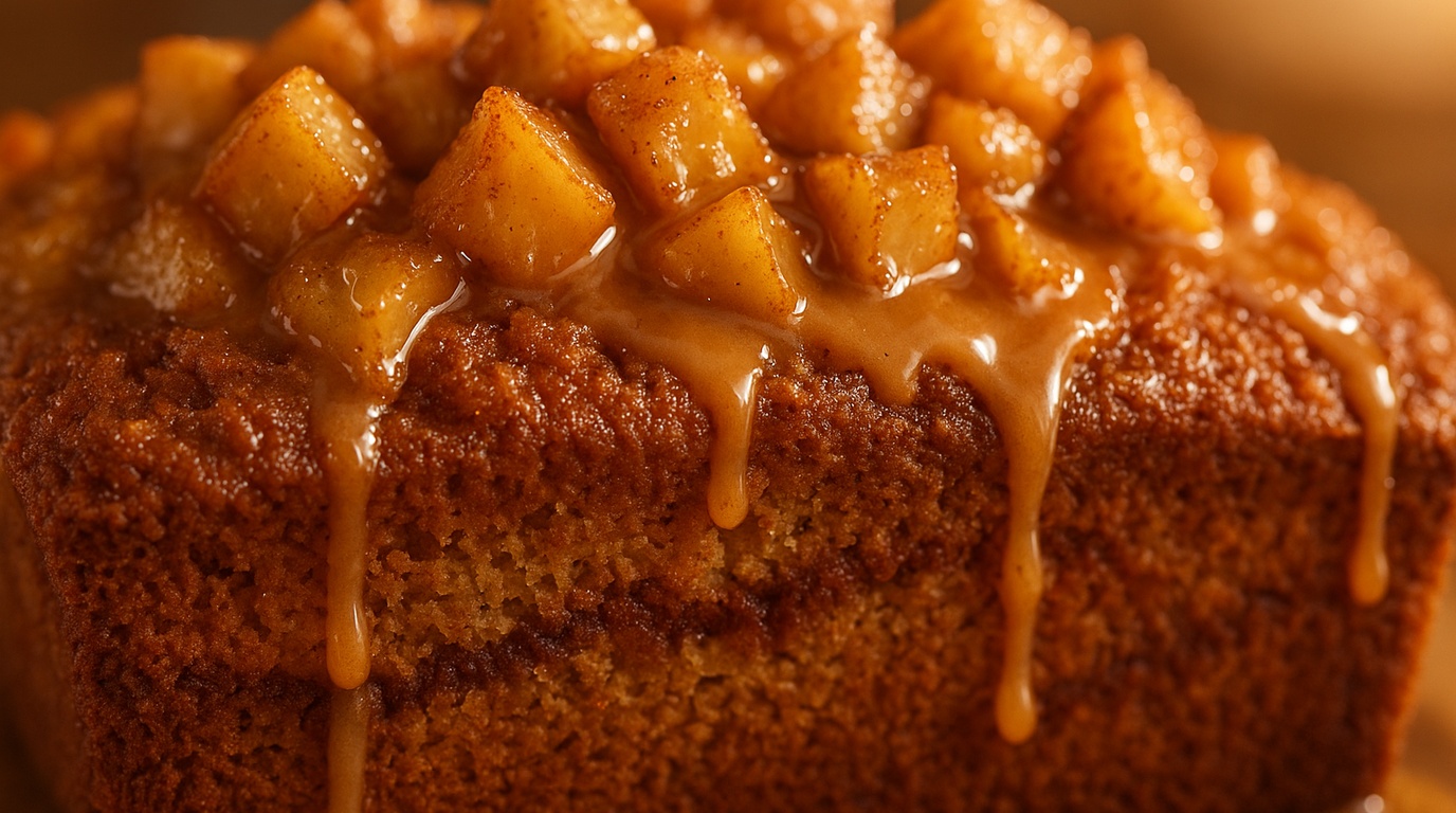 Ultra close-up macro of sliced spiced cinnamon apple bread with dripping salted maple glaze, caramelized apple chunks, and cinnamon swirl