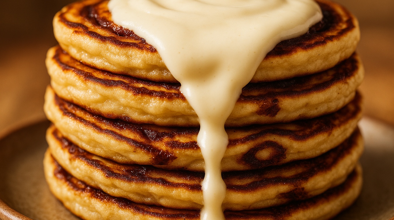 Ultra close-up macro of golden stack of fluffy cinnamon roll pancakes with caramelized cinnamon swirls and dripping cream cheese glaze
