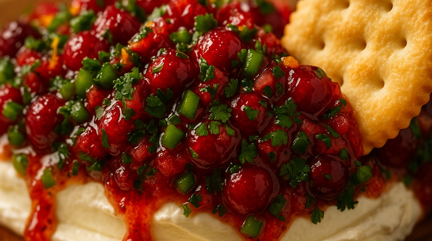 Ultra close-up macro of glistening sweet and spicy cranberry jalapeño salsa dripping over fluffy whipped cream cheese with butter cracker