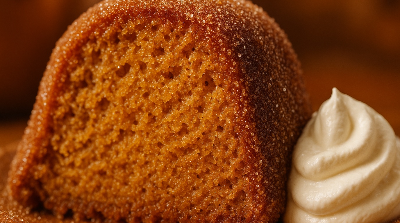 Ultra close-up macro of tender slice of spiced apple cider donut cake encrusted in glistening cinnamon sugar crystals