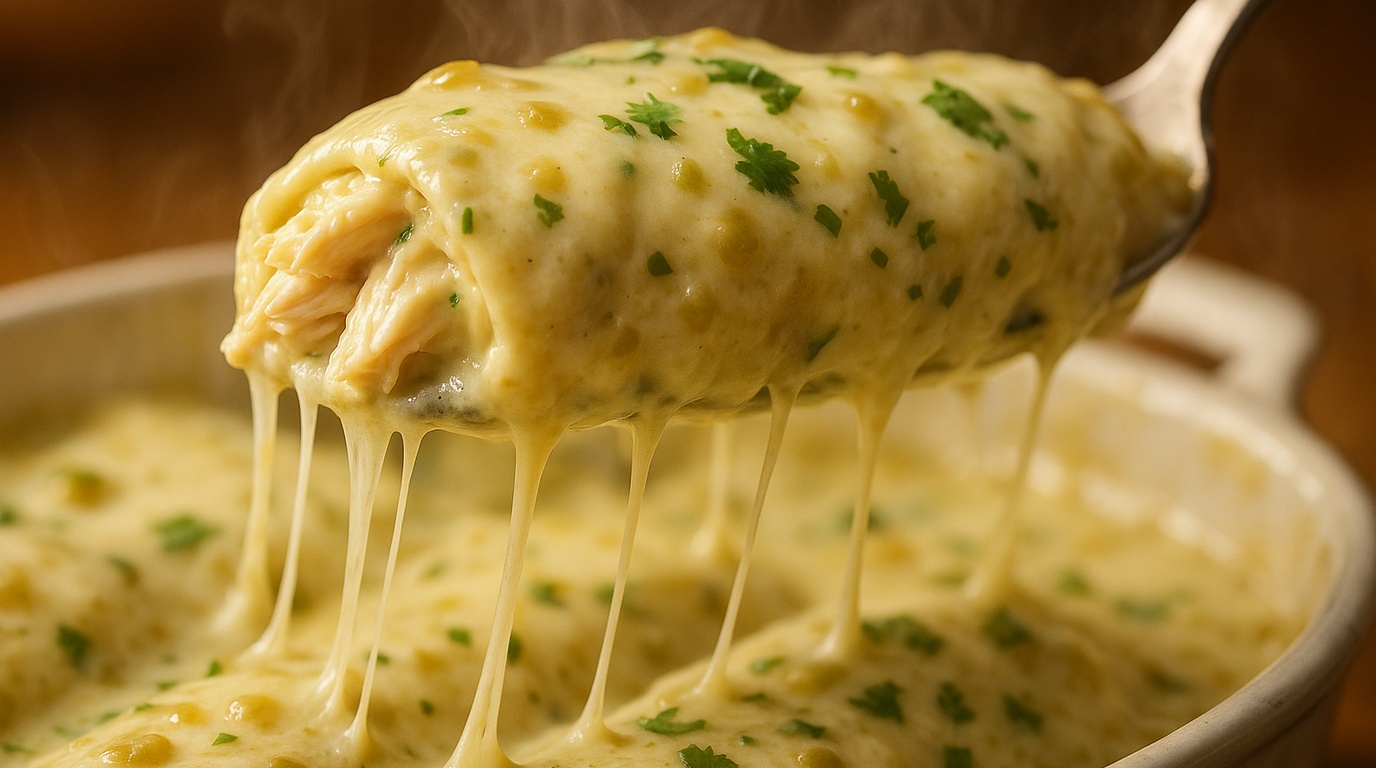 Ultra close-up macro of bubbling creamy white chicken enchiladas with pulling Monterey Jack cheese and velvety green chile sour cream sauce
