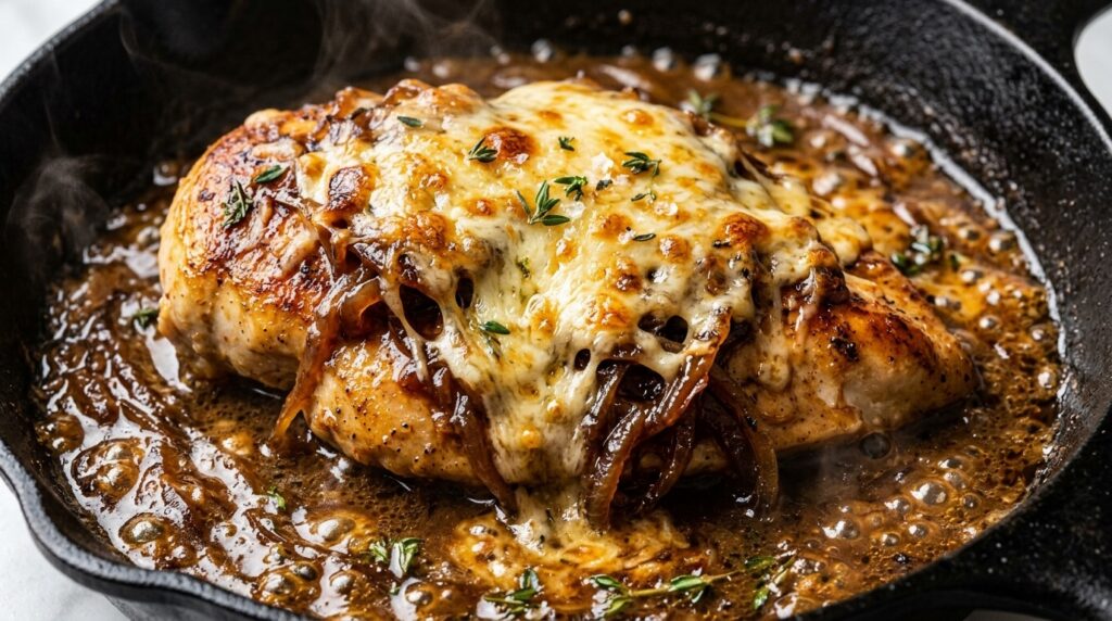 Ultra close-up macro of golden seared chicken breasts smothered in caramelized onions and bubbling melted Gruyère cheese