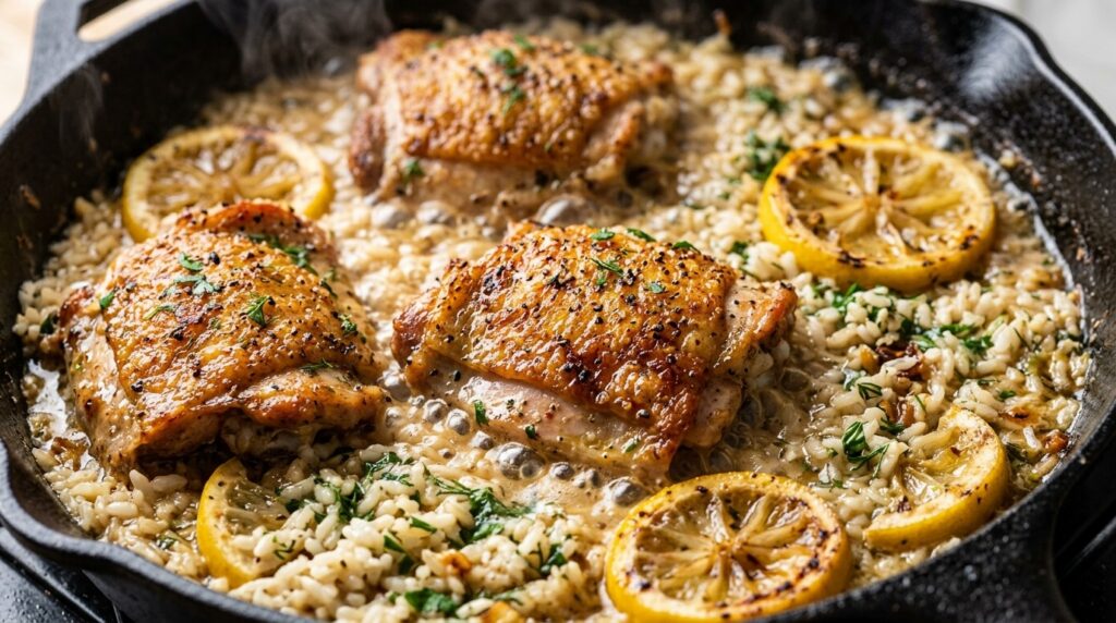 Ultra close-up macro of crispy golden seared chicken thighs simmering in creamy lemon garlic herb rice