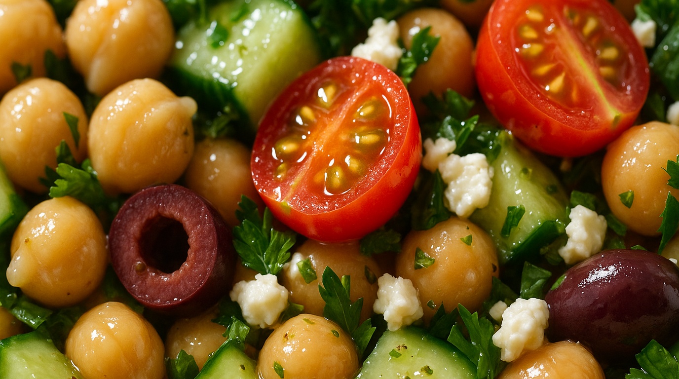 Ultra close-up macro food photography of loaded Mediterranean chickpea salad with cucumbers, tomatoes, olives, feta, and lemon oregano dressing