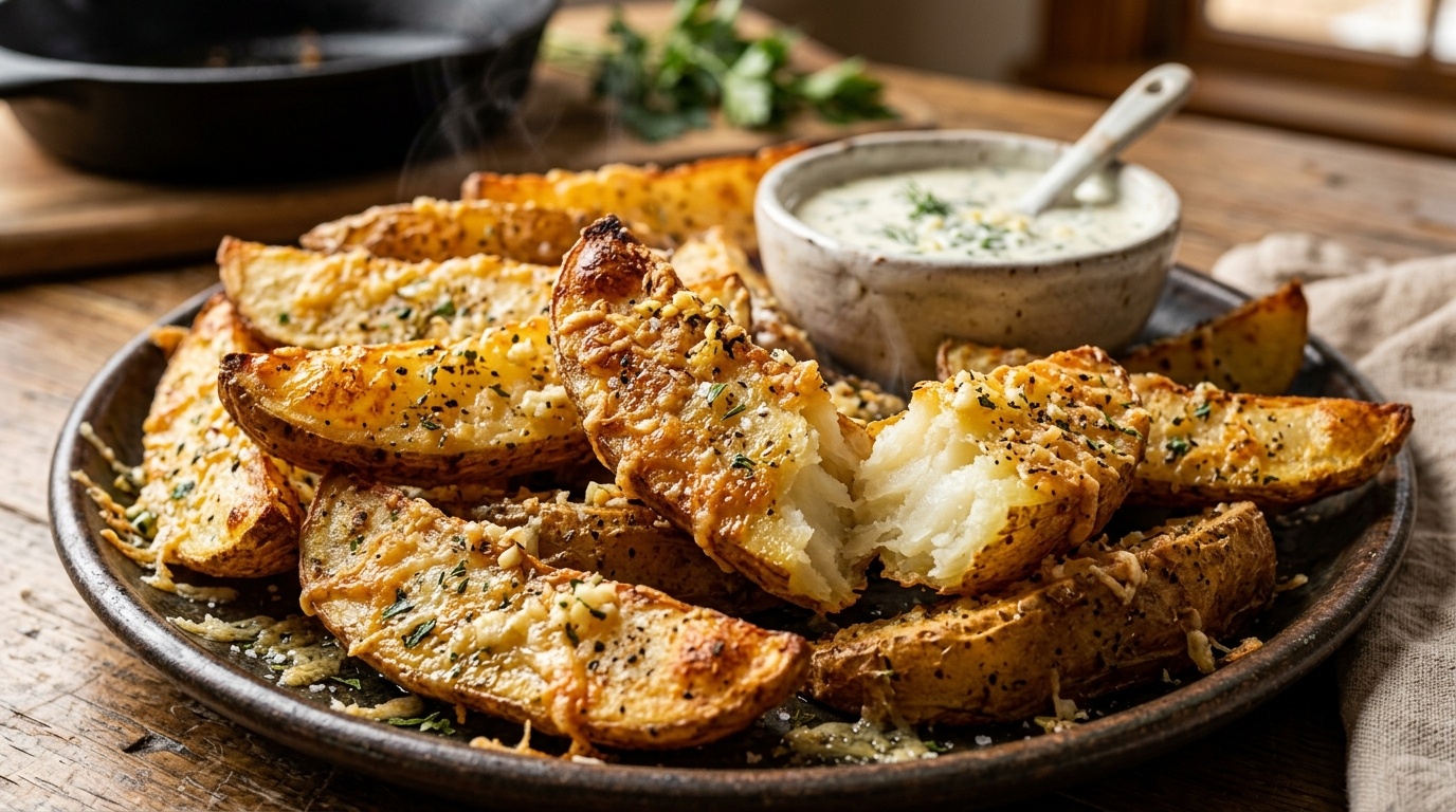Ultra close-up macro of golden crispy baked garlic parmesan potato wedges with blistered parmesan crust and creamy herb dipping sauce