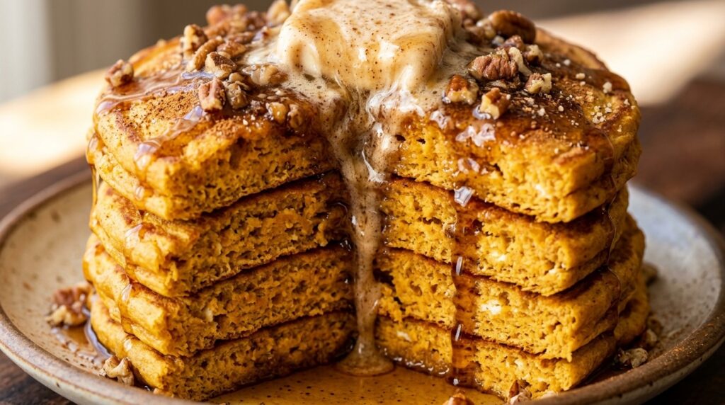 Ultra close-up macro of a towering stack of thick fluffy pumpkin ricotta pancakes with melting spiced pecan butter and maple syrup