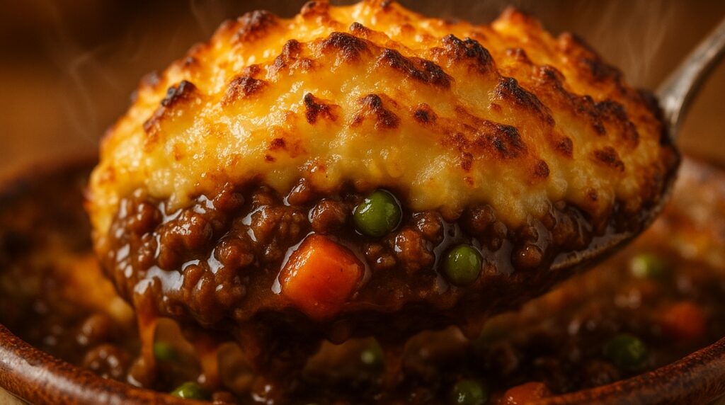 Ultra close-up macro of bubbling classic shepherd's pie with golden toasted cheddar mashed potatoes and savory rich beef vegetable gravy