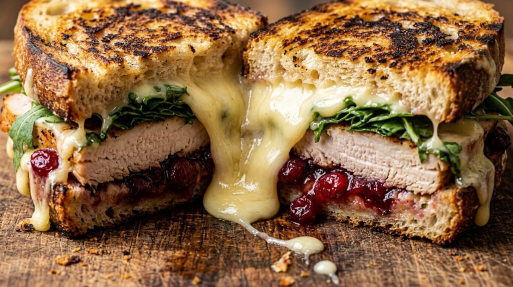 Ultra close-up macro of grilled artisan sourdough panini sliced in half with molten melted brie cheese, roasted turkey, cranberry sauce, and arugula