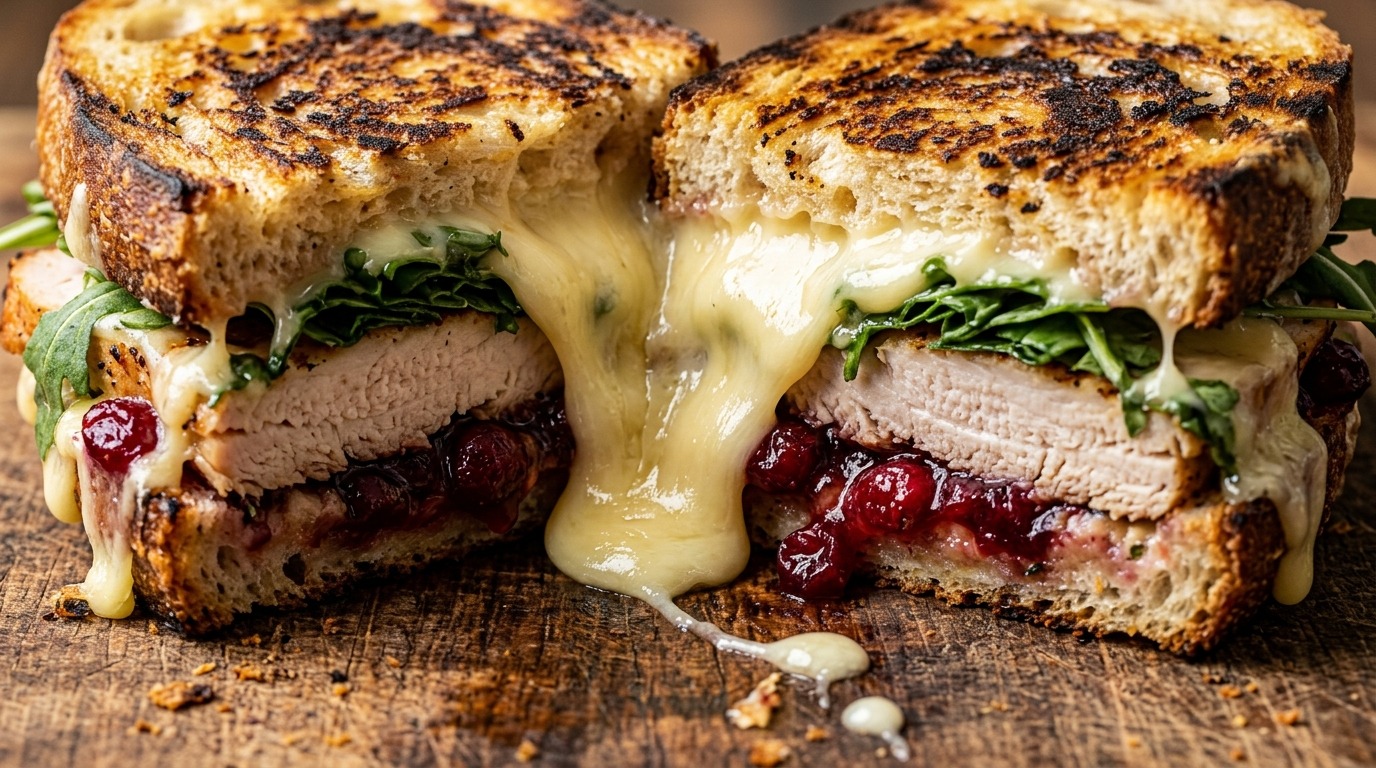 Ultra close-up macro of grilled artisan sourdough panini sliced in half with molten melted brie cheese, roasted turkey, cranberry sauce, and arugula