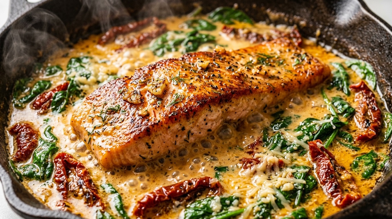 Ultra close-up macro of pan-seared salmon fillets simmering in a rich creamy garlic Tuscan sauce with sun-dried tomatoes, baby spinach, and parmesan cheese