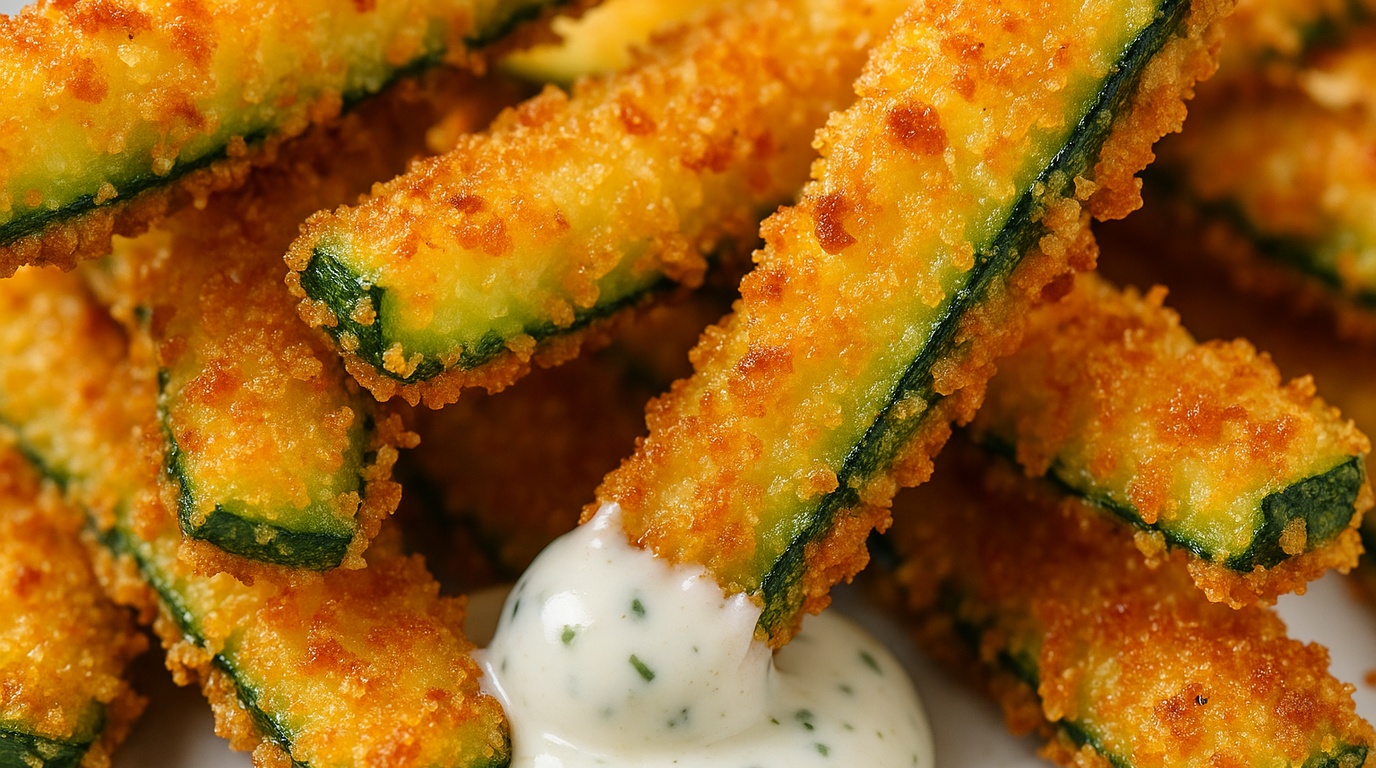 Ultra close-up macro of golden crispy baked zucchini fries stacked crisscross with crunchy panko-parmesan crust and creamy garlic herb aioli dip